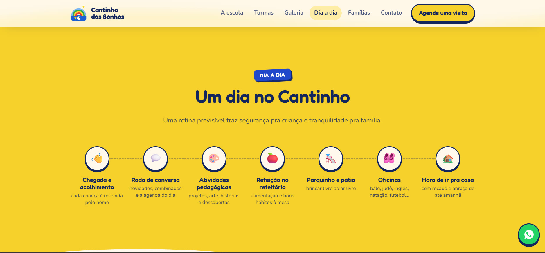 O site: as cores da fachada e a rotina da escola contada passo a passo, do acolhimento à hora de ir pra casa.